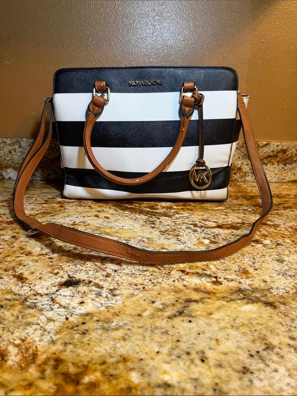 Michael Kors Black & White Striped Satchel with Brown Trim